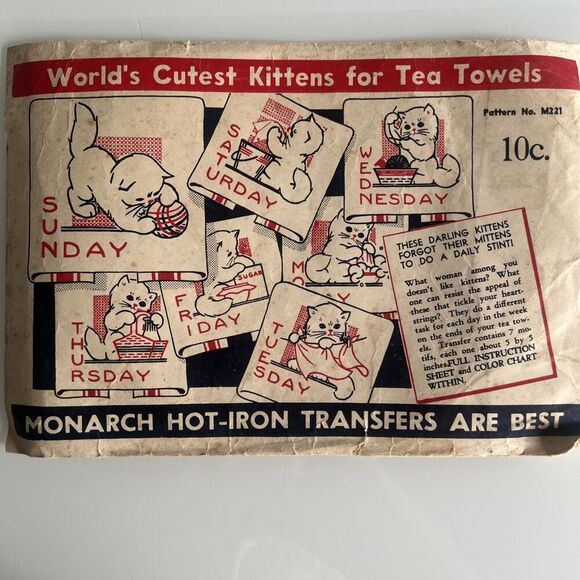 Vintage 1940’s Monarch Hot Iron Transfer Set Kitty Day of Week Dish Tea Towels - Picture 1 of 2